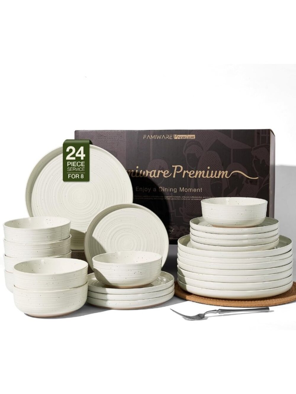Elegant Stoneware Dinnerware Set for 8 - Cream Plates & Bowls, Perfect for
